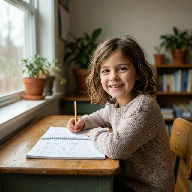 Niño confiado resolviendo matemáticas con alegría